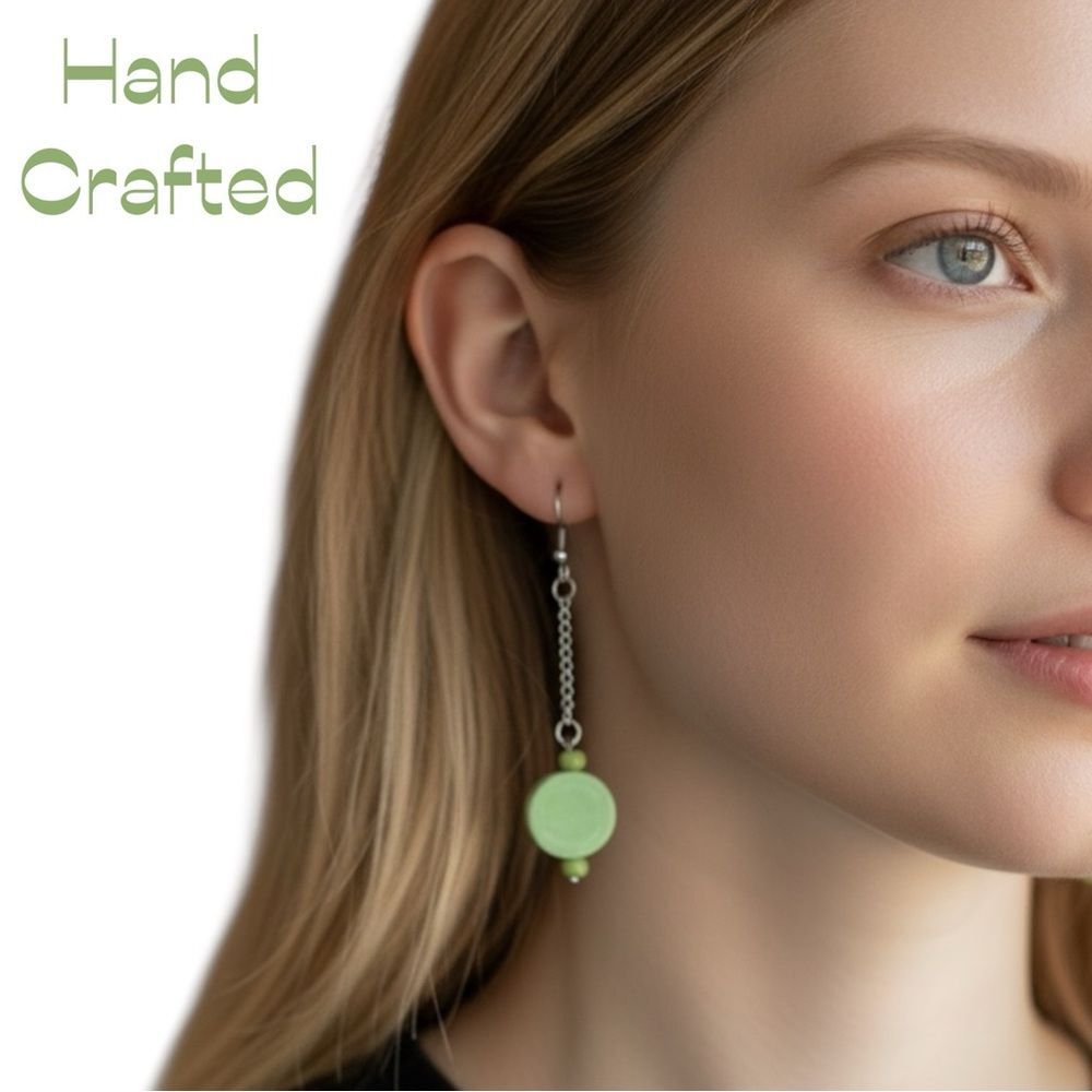 Hand Crafted Lime Green Gemstone With Silver Chain Earrings NWT
